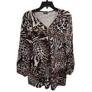 Clientele Blouse Women's Size OS Animal Print Tiger 3/4 Sleeve Zip